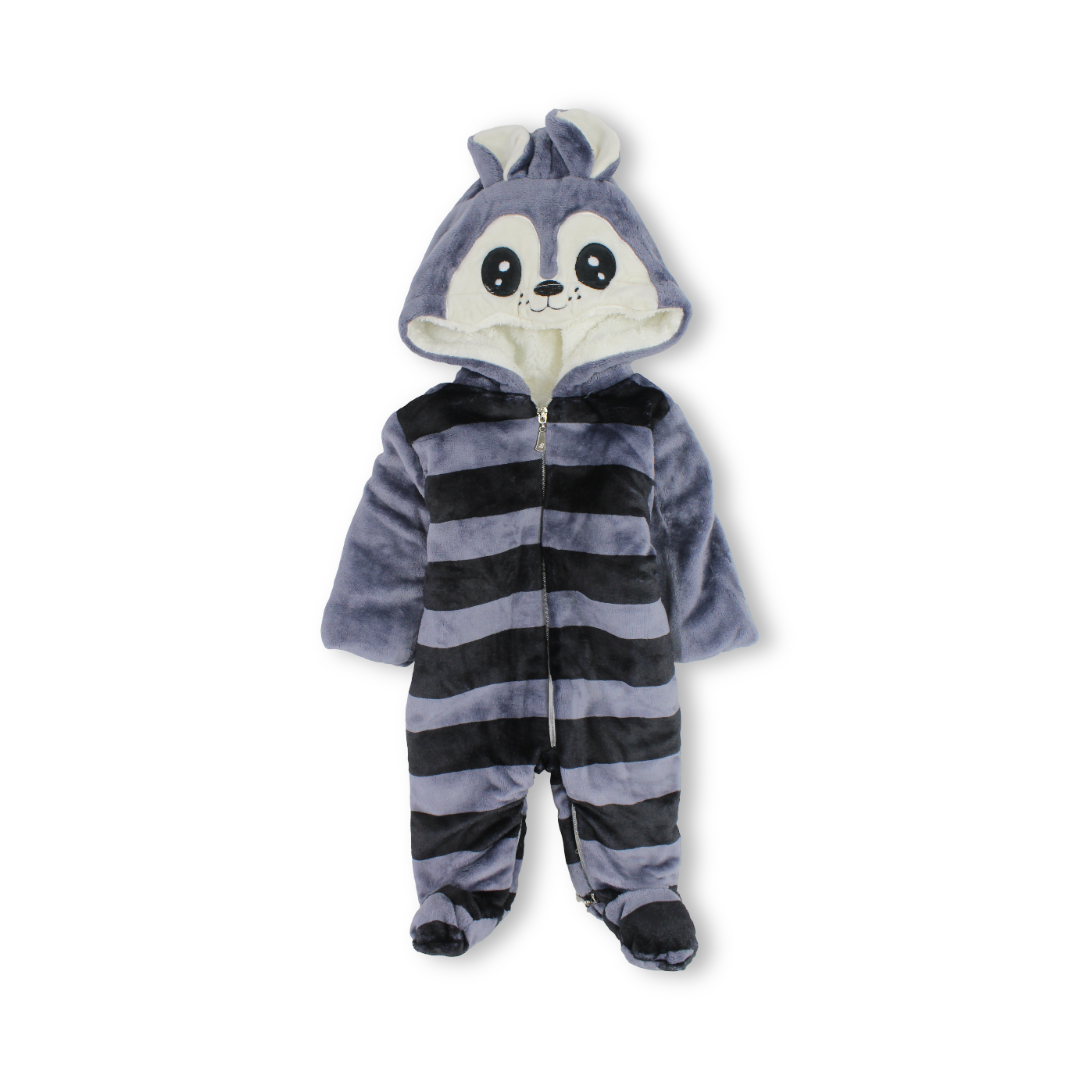 Baby Boys Fleece Hooded Baby Footie – Grey with Raccoon Design