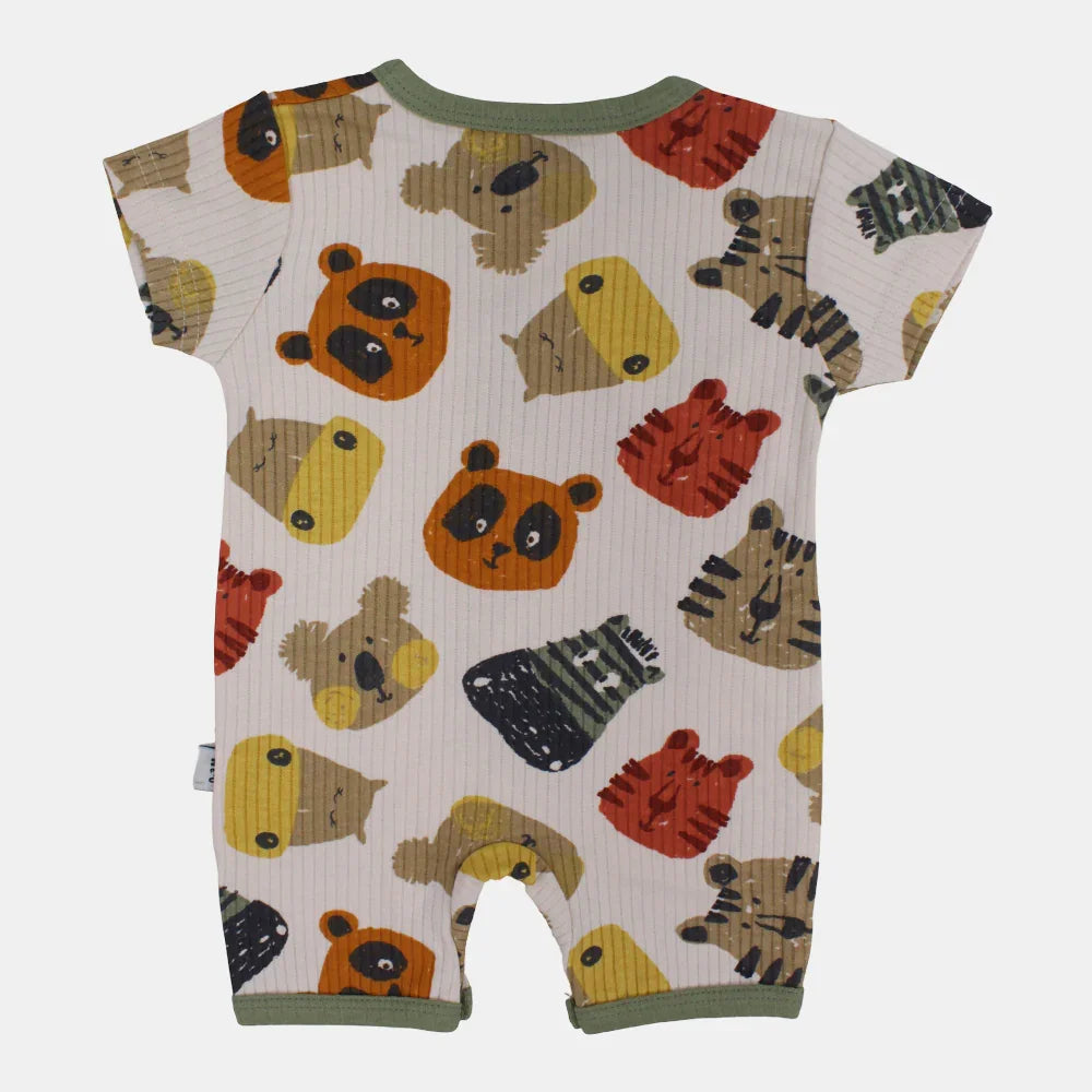 Baby Boys Cotton Romper – Beige with Animal Faces Design