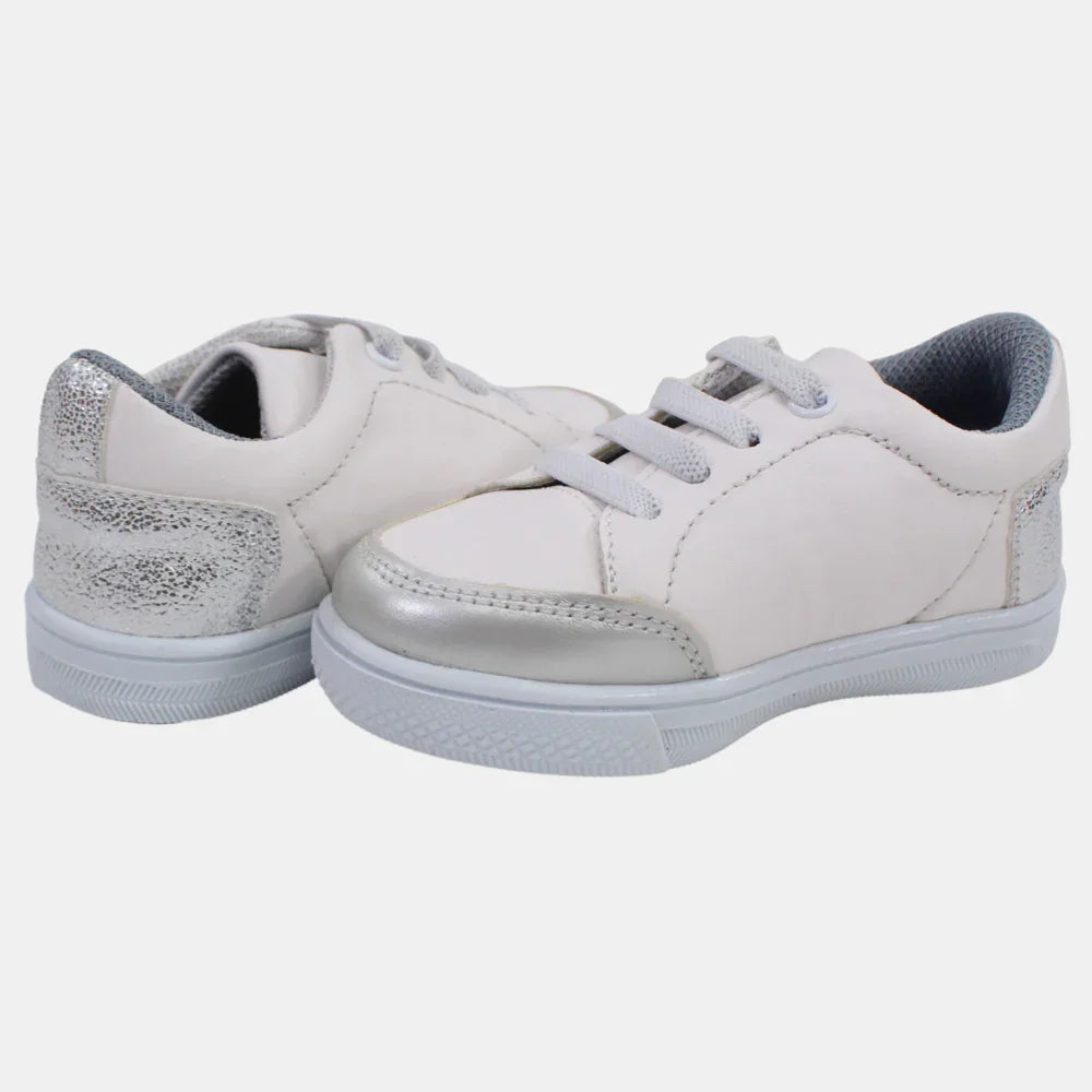 Girls Leather Sneakers – White & Silver