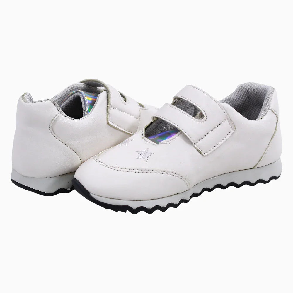 Girls Leather Sneakers – White & Silver Star