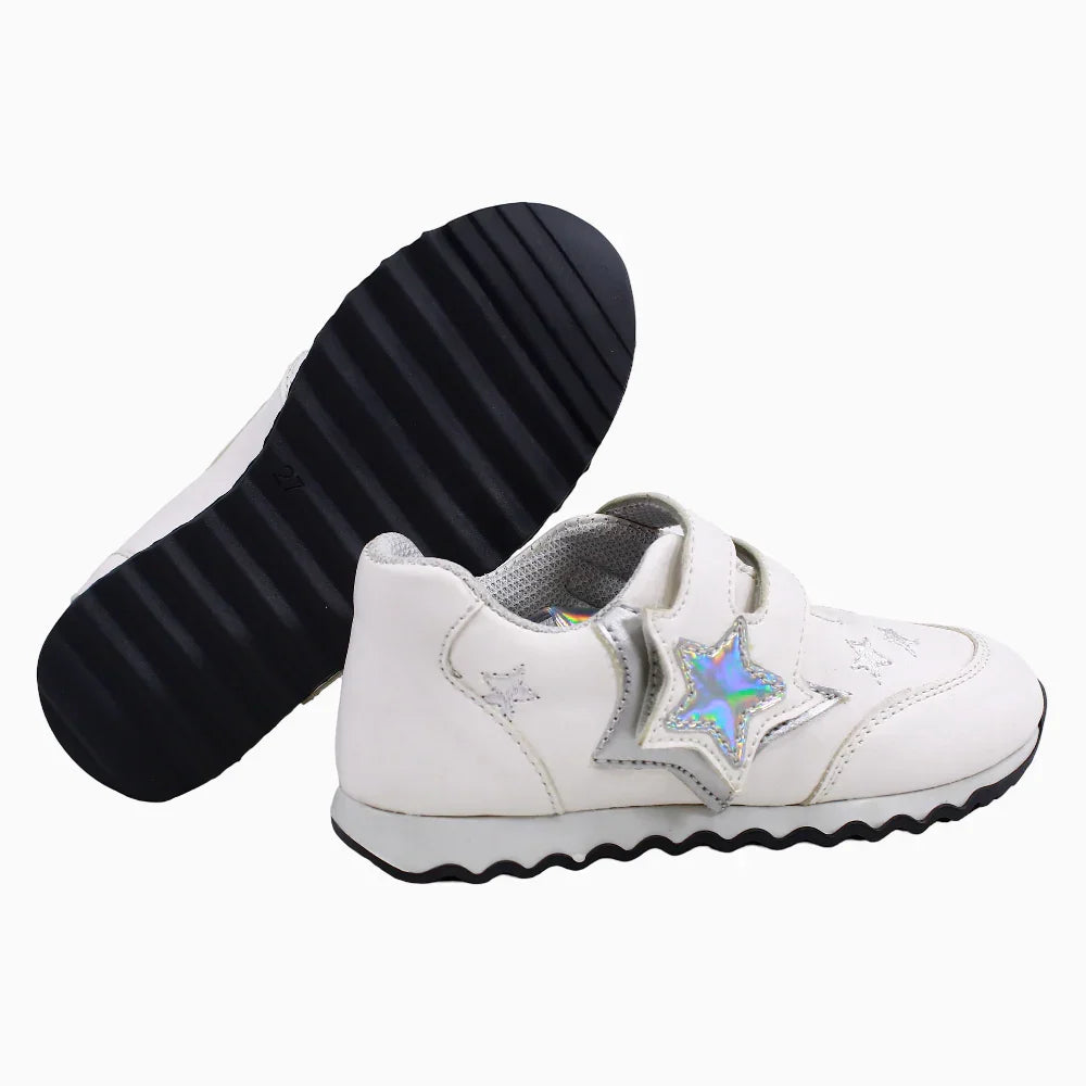 Girls Leather Sneakers – White & Silver Star