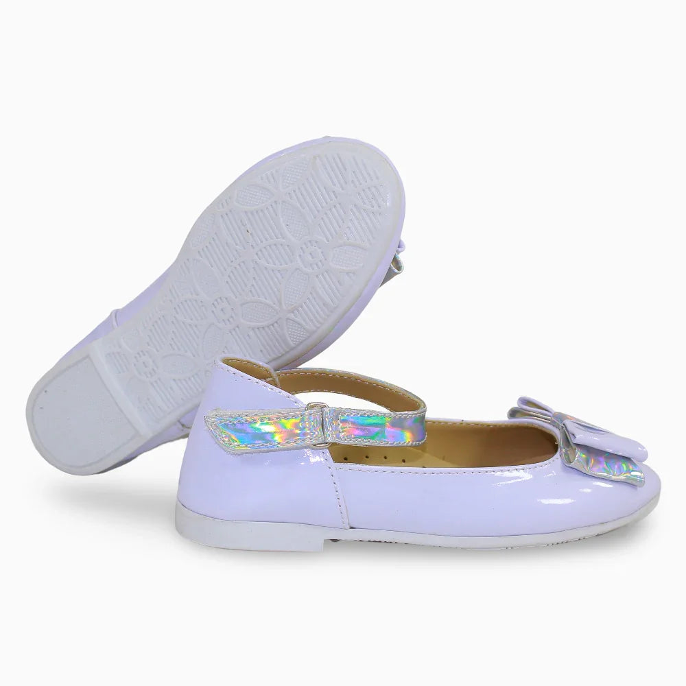 Girls Leather Ballerina – Shiny White with Bow