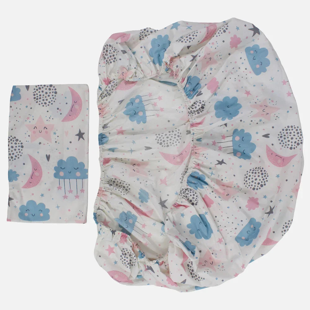 Cotton Bed Sheet Set – Off-White with Cute Moon and Stars Print