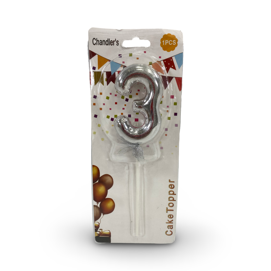 Metallic Silver Number "3" Birthday Cake Candle