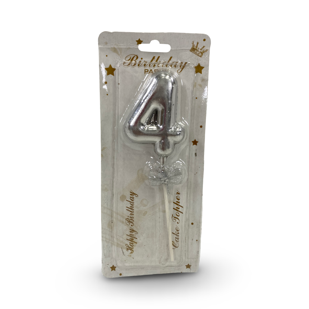Metallic Silver Number "4" Birthday Cake Candle