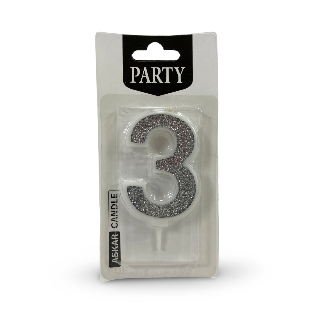Silver Glitter Number "3" Birthday Candle