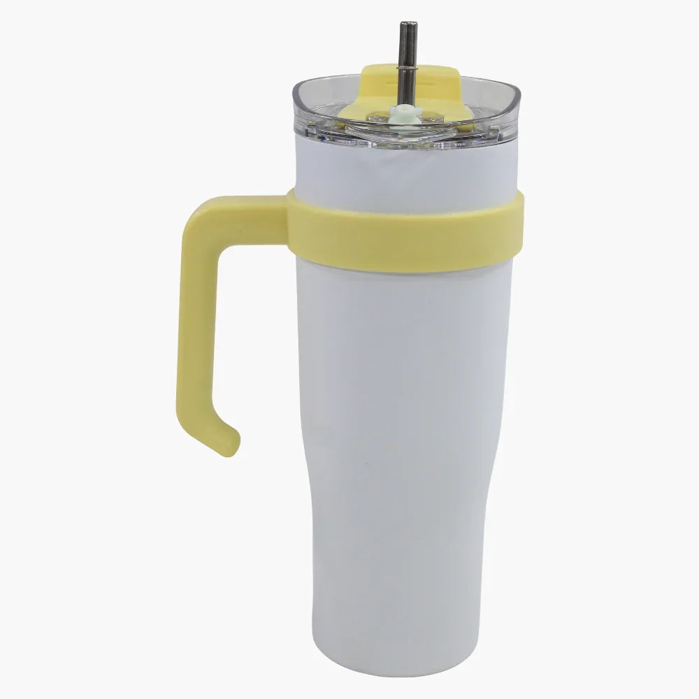 Large Stainless Steel Travel Mug – White with Yellow Handle