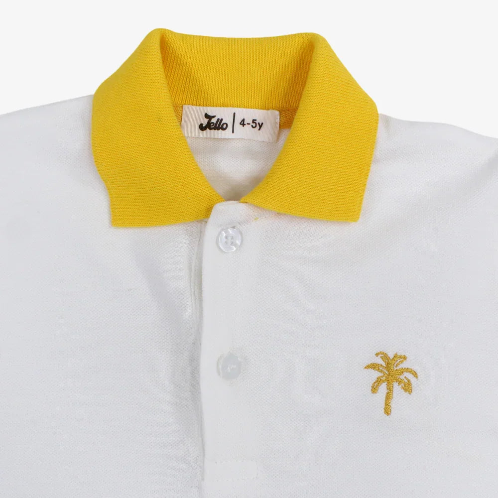 Boys Cotton Polo Shirt – White with Palm Design
