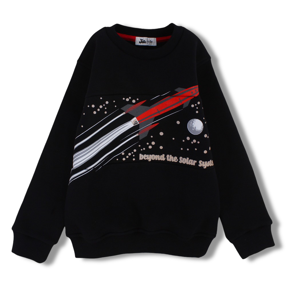Boys Cotton Sweatshirt – Black with “Beyond the Solar System” Print - Clothing - Jello