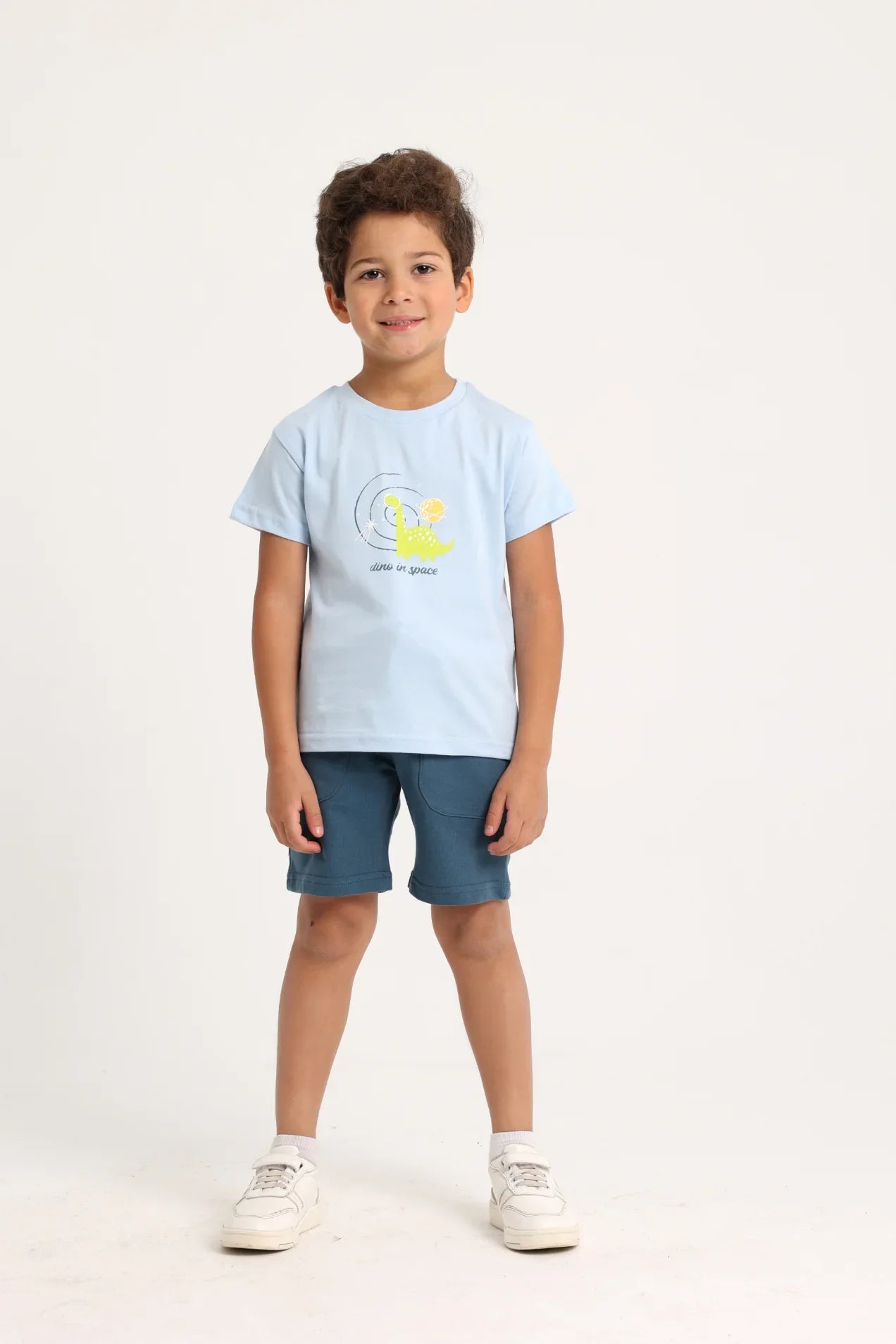 Baby Boys Cotton 2-Piece Outfit Set - Babyblue with Dino in Space