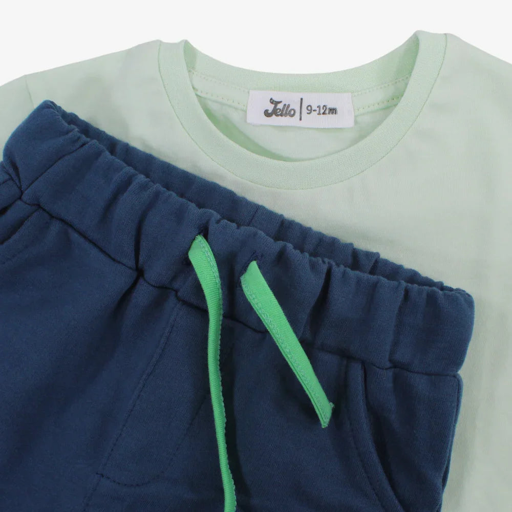 طقم قطعتين من القطن للأولاد الرضع - باللون النعناعي مع طبعة ديناصور في الفضاء