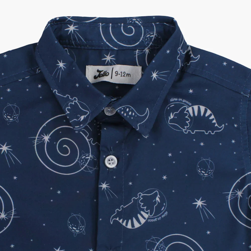 Baby Boys Cotton Shirt - Indigo with Dino in Space Print