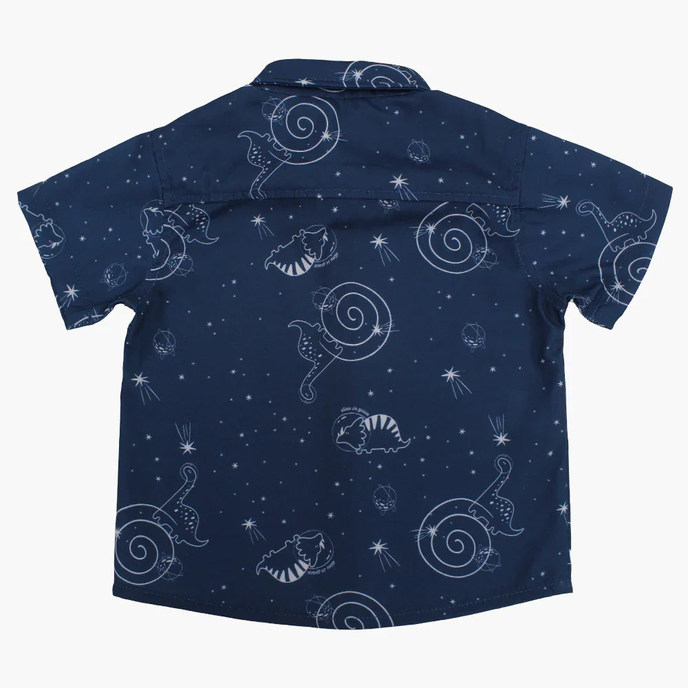 Baby Boys Cotton Shirt - Indigo with Dino in Space Print