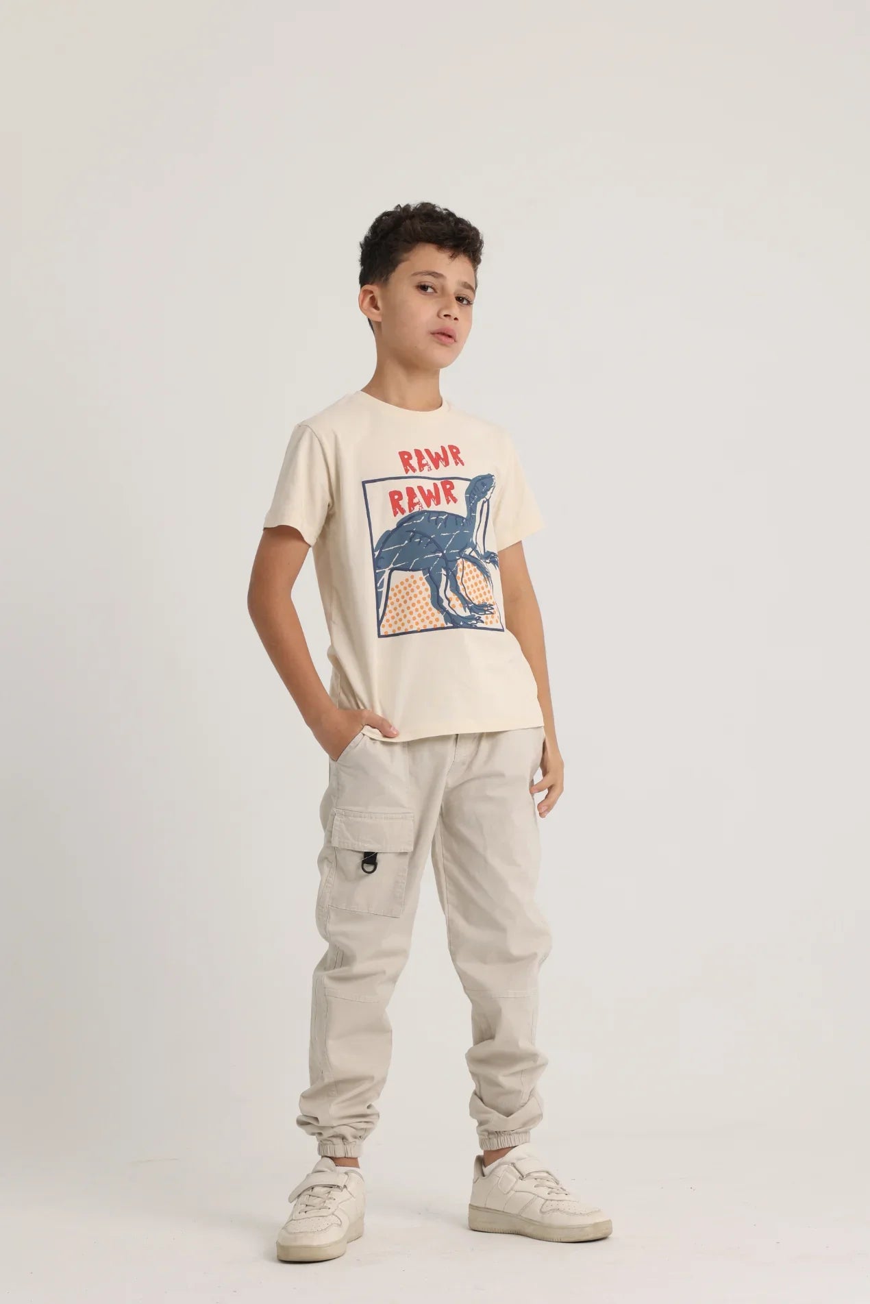 Boys Short-Sleeved T-Shirt – Beige Dinosaur Rawr Rawr