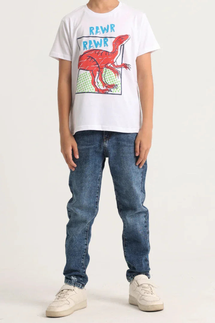 Boys Short-Sleeved T-Shirt – White Dinosaur Rawr Rawr