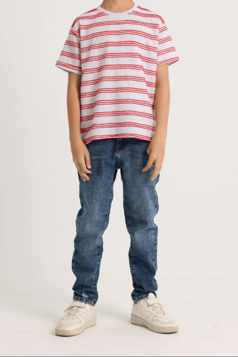 Boys Short-Sleeved T-Shirt – Grey and Red Striped