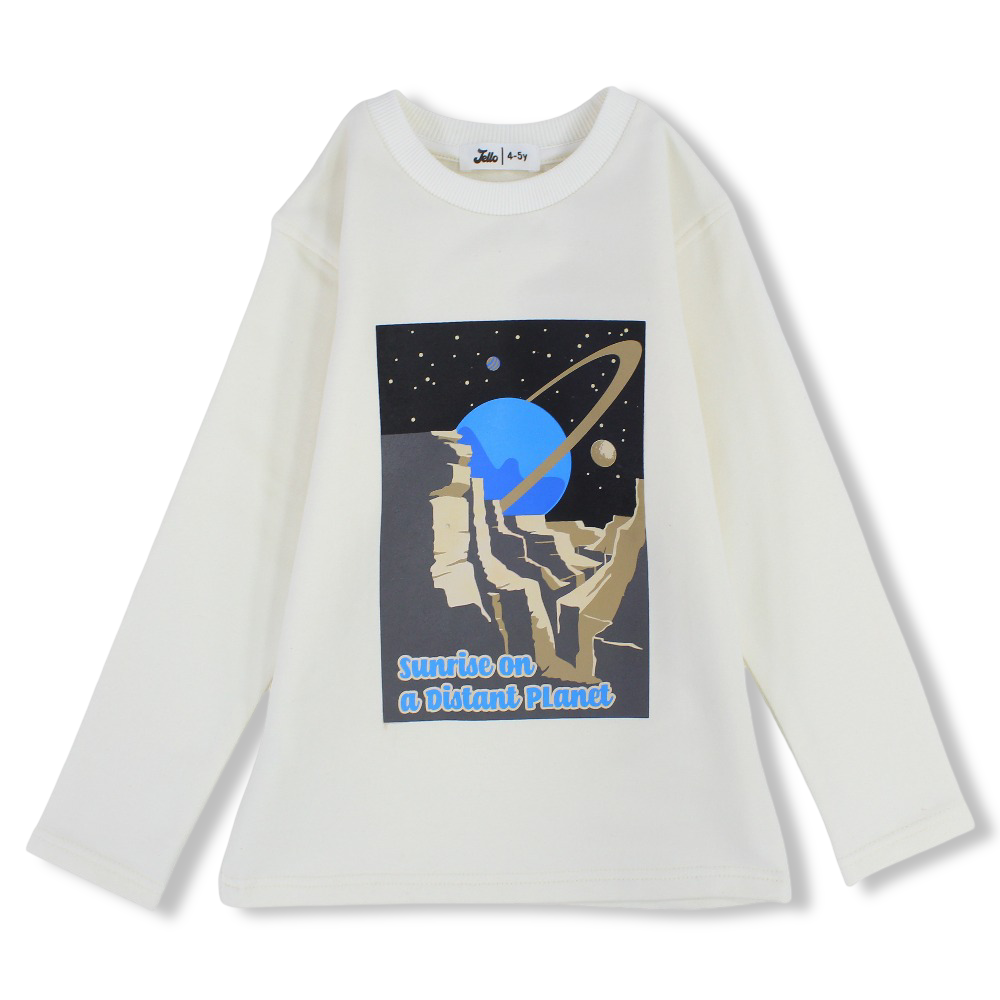 Boys Cotton T-Shirt – Off-White with “Sunrise on a Distant Planet” Print - Clothing - Jello