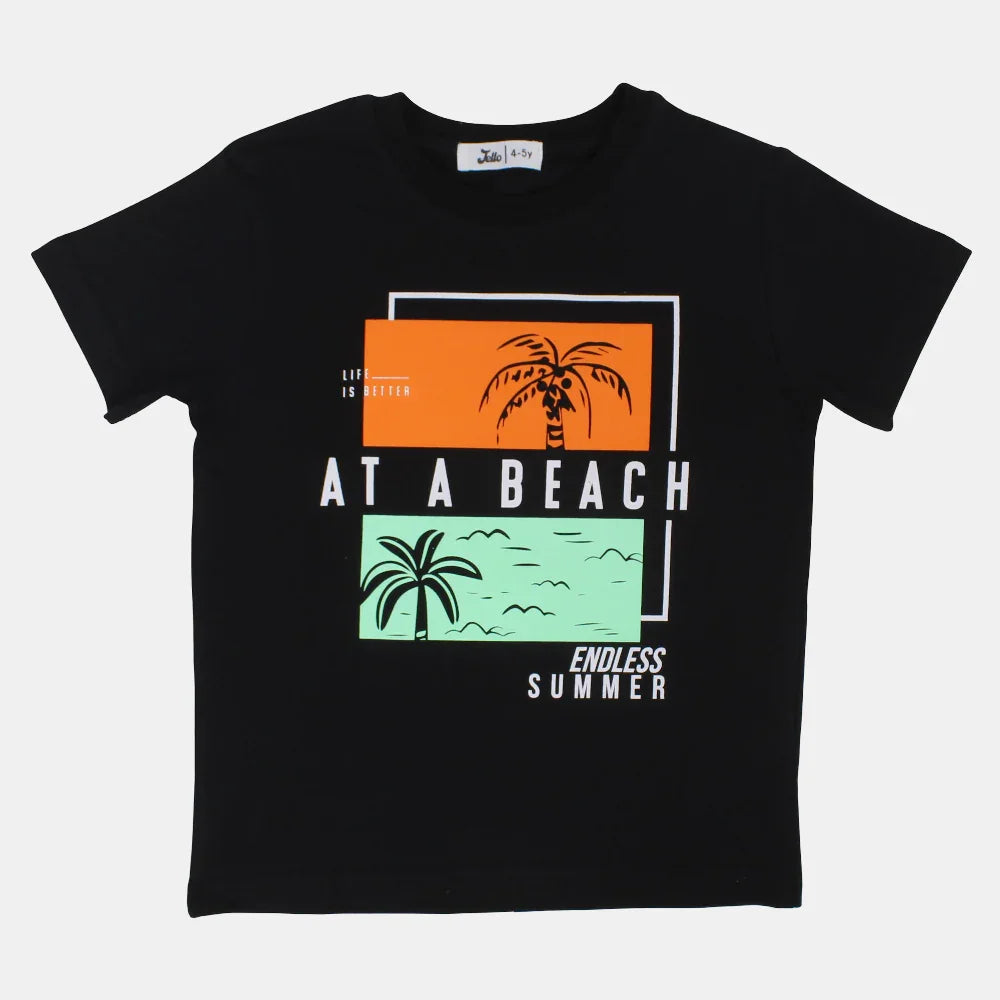 Boys Cotton T-Shirt – Black with "At a Beach" Design
