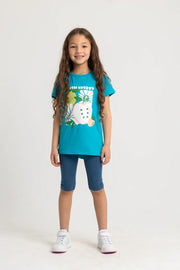Girls Cotton Pajama Set – Turquoise with Fresh Energy Print