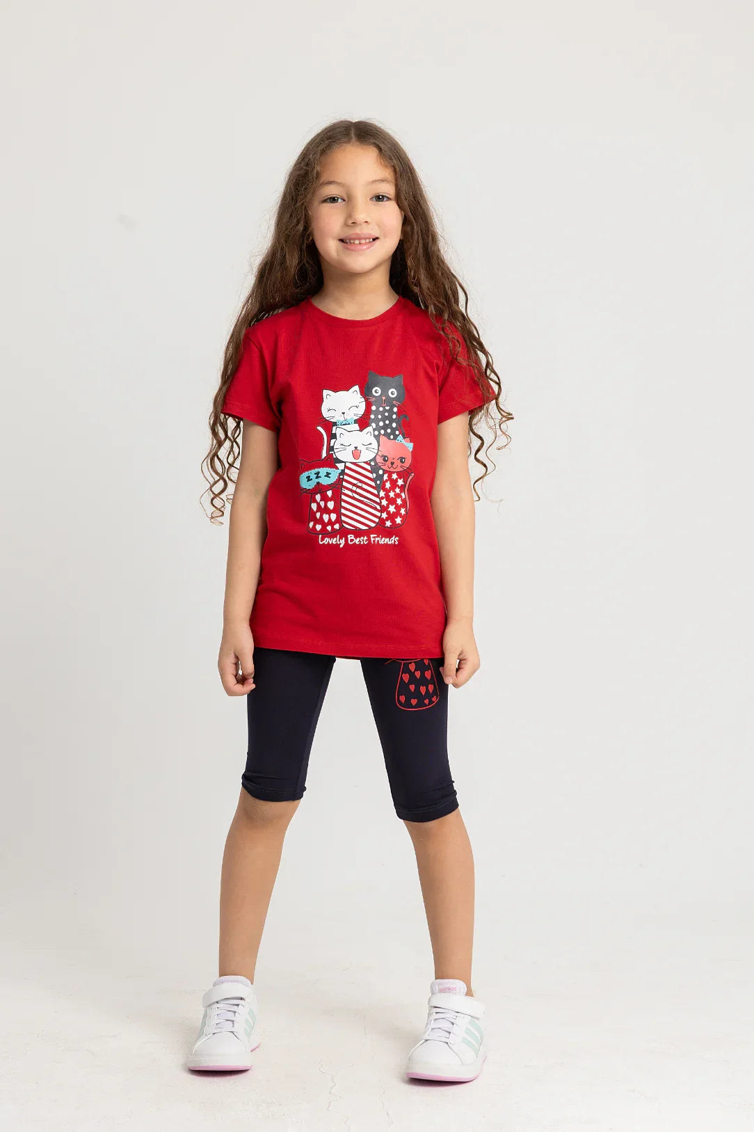 Girls Cotton Pajama Set – Red "Lovely Best Friends" Kittens Print