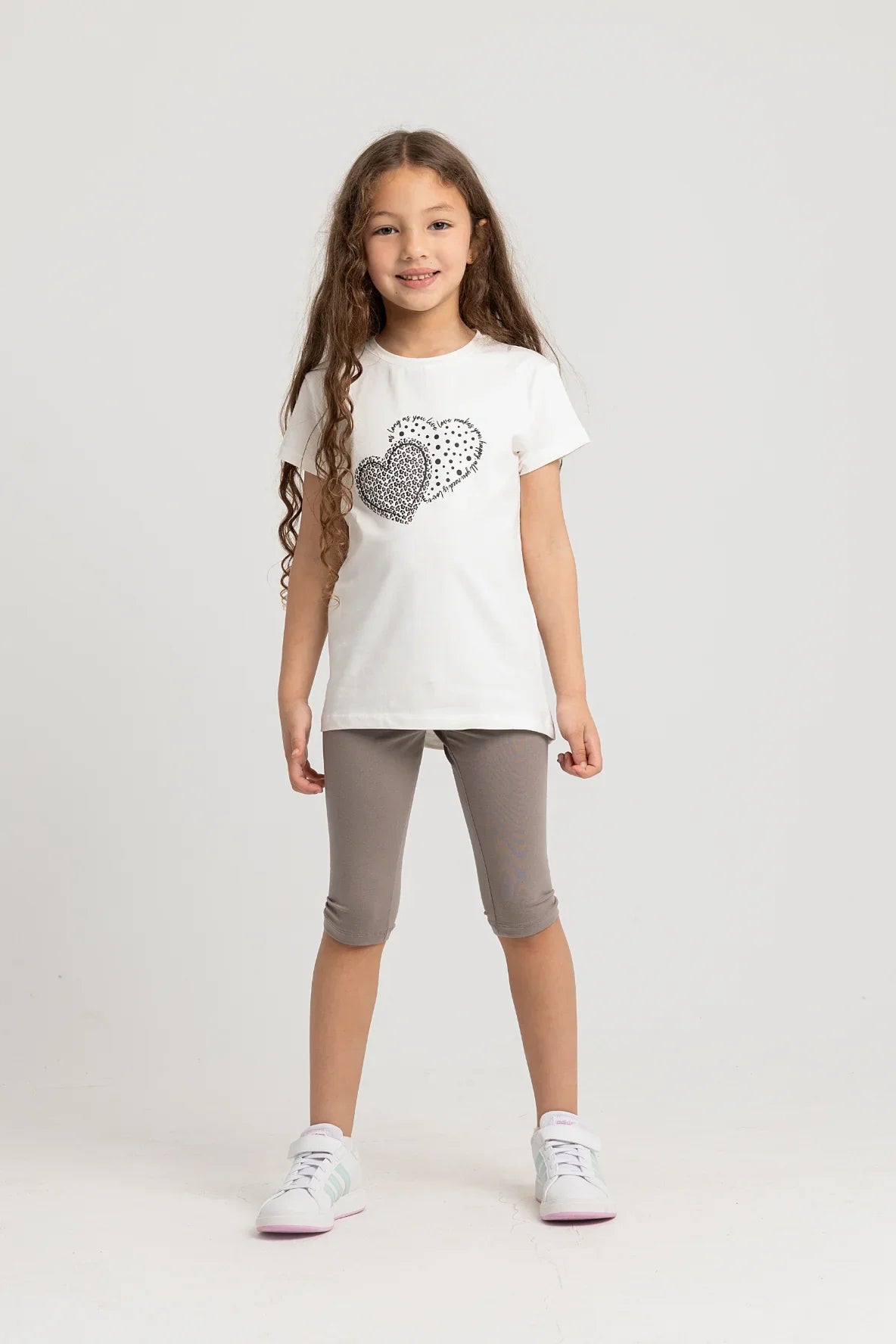 Girls Cotton Pajama Set – Off-white with Two Hearts Design