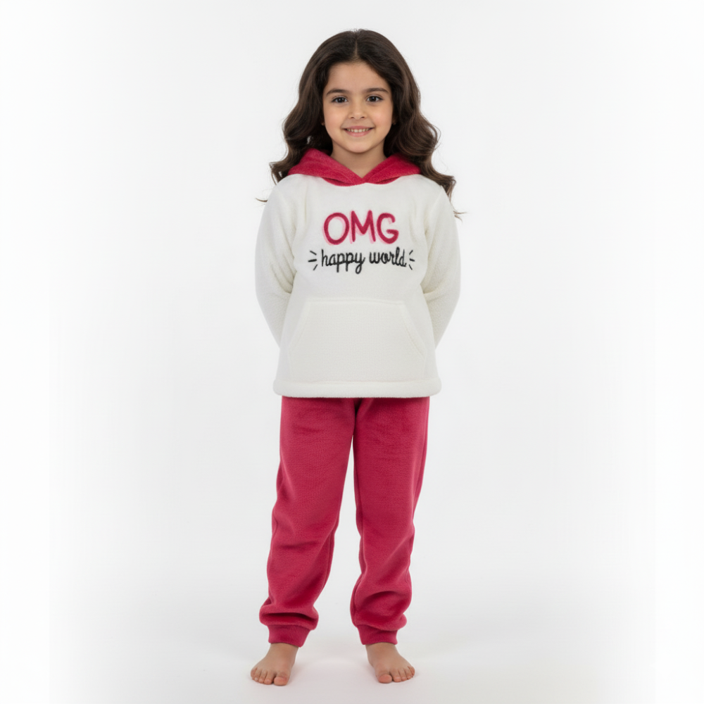 Girls Velvet Pajama Set – Off-White & Fuchsia with “OMG Happy World” Design