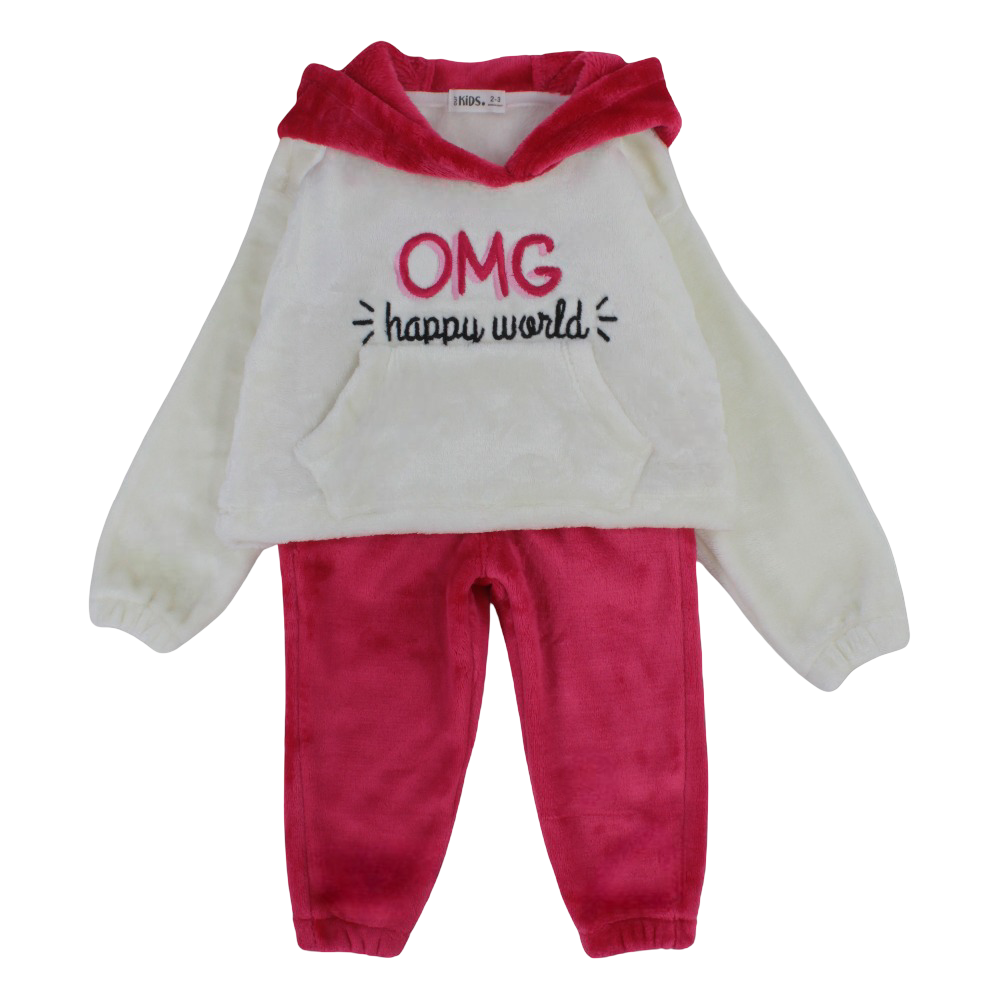 Girls Velvet Pajama Set – Off-White & Fuchsia with “OMG Happy World” Design