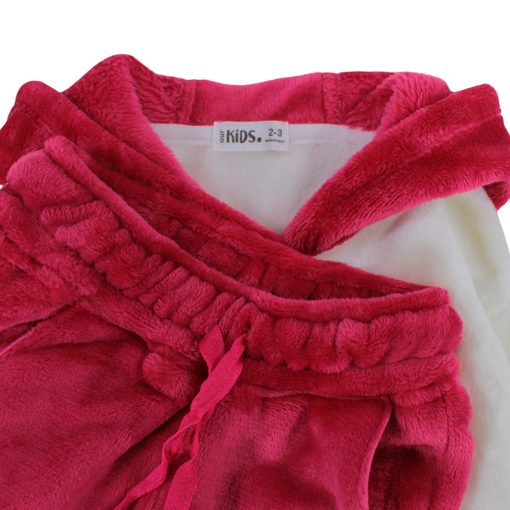 Girls Velvet Pajama Set – Off-White & Fuchsia with “OMG Happy World” Design