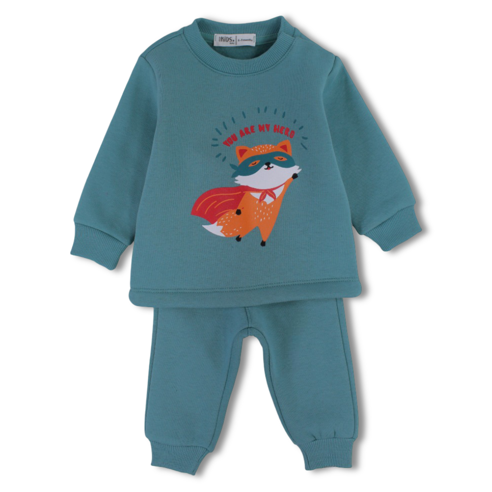 Baby Boys Cotton Pajama Set – Mint with “You Are My Hero” Fox Print