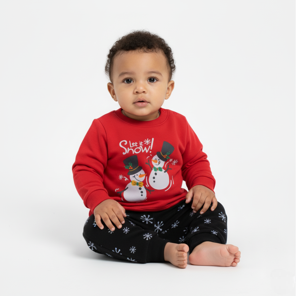 Baby Boys Cotton Pajama Set – Red with “Let It Snow!” Snowmen Print