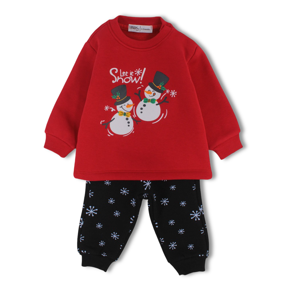 Baby Boys Cotton Pajama Set – Red with “Let It Snow!” Snowmen Print