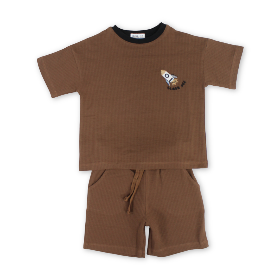 Boys Cotton Short-Sleeve Pajama Set – Brown with Rocket Print - Clothing - Ourkids