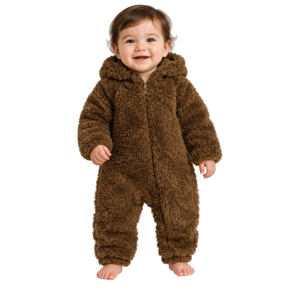 Unisex Baby Fleeced Hooded Baby Onesie – Coffee with Teddy Design - Clothing - Ourkids