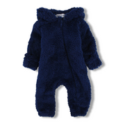 Unisex Baby Fleece Hooded Baby Onesie – Navy with Teddy Design