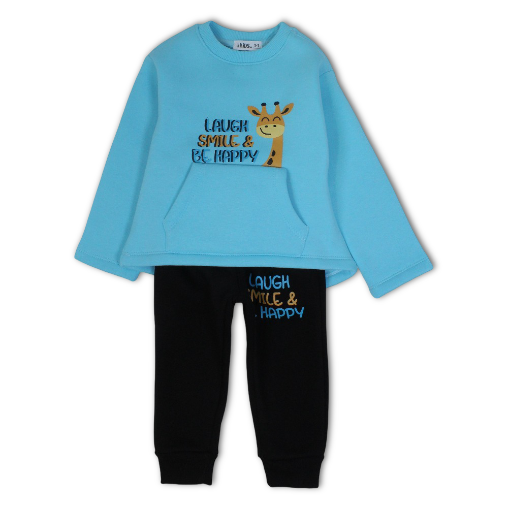 Girls Cotton Pajama Set – Aqua with “Laugh, Smile & Be Happy“ Print ( Fur lined ) - Ourkids
