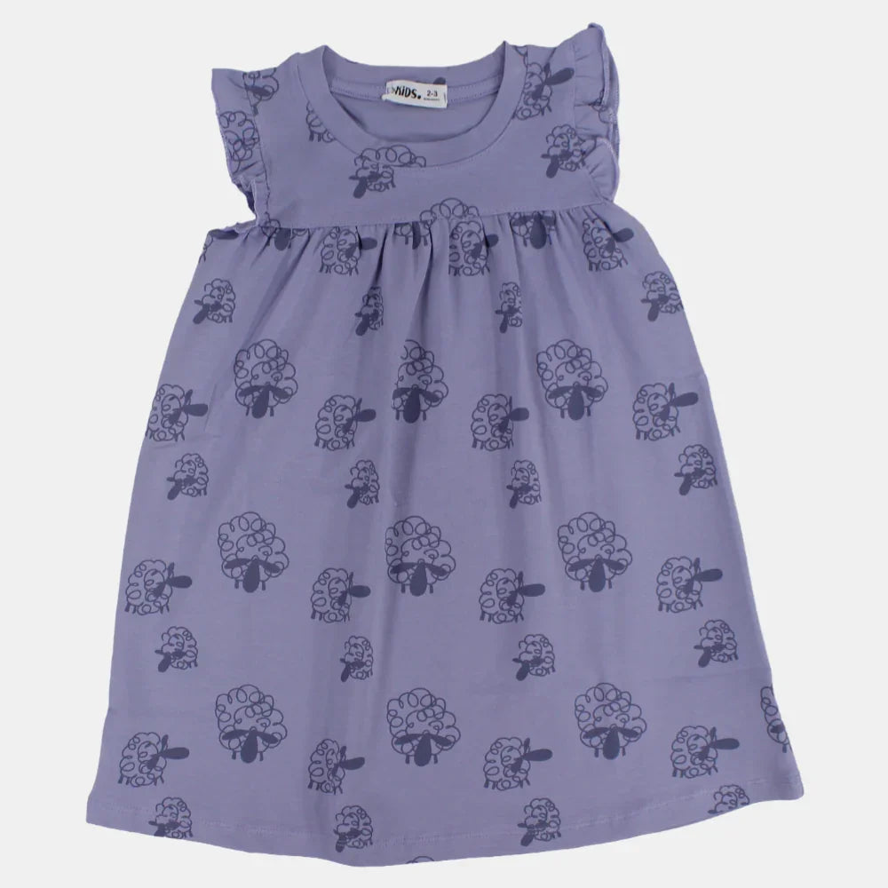 Girls Cotton Sleeveless Nightgown – Purple with Sheep Design