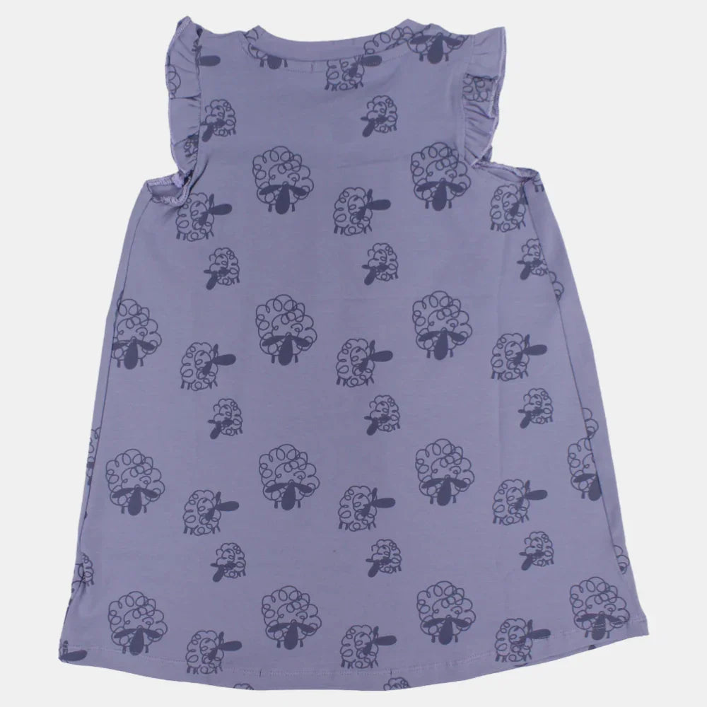 Girls Cotton Sleeveless Nightgown – Purple with Sheep Design
