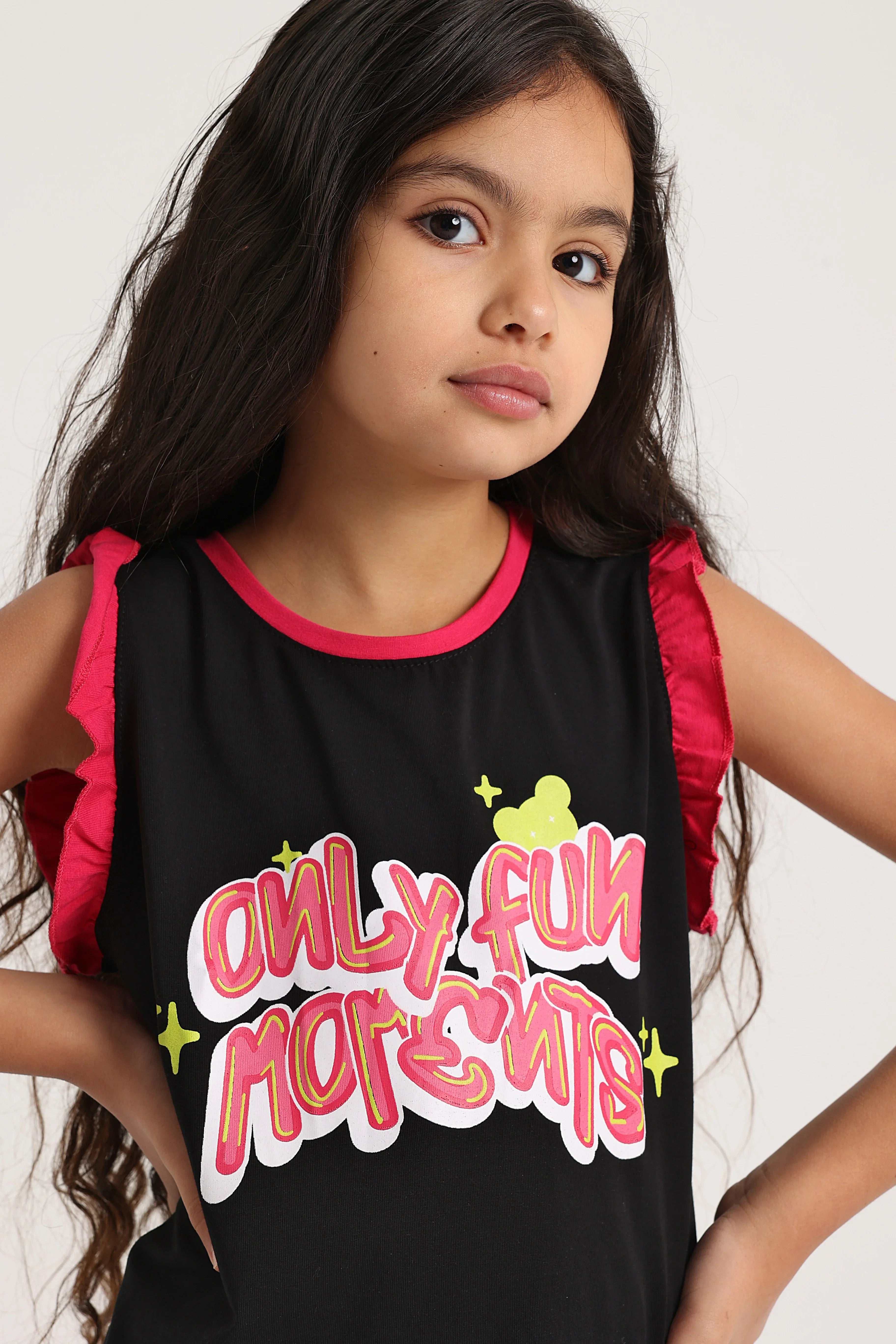 Girls Cotton Pajama Set – Black with "Only Fun Moments" Print