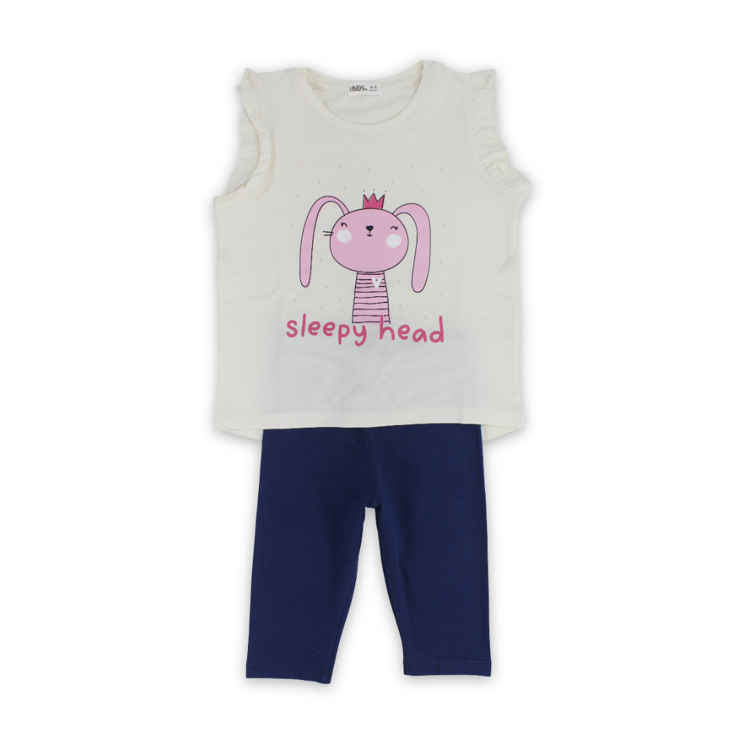 Girls Cotton Pajama Set – Off-White with "Sleepy Head" Print - Clothing - Ourkids