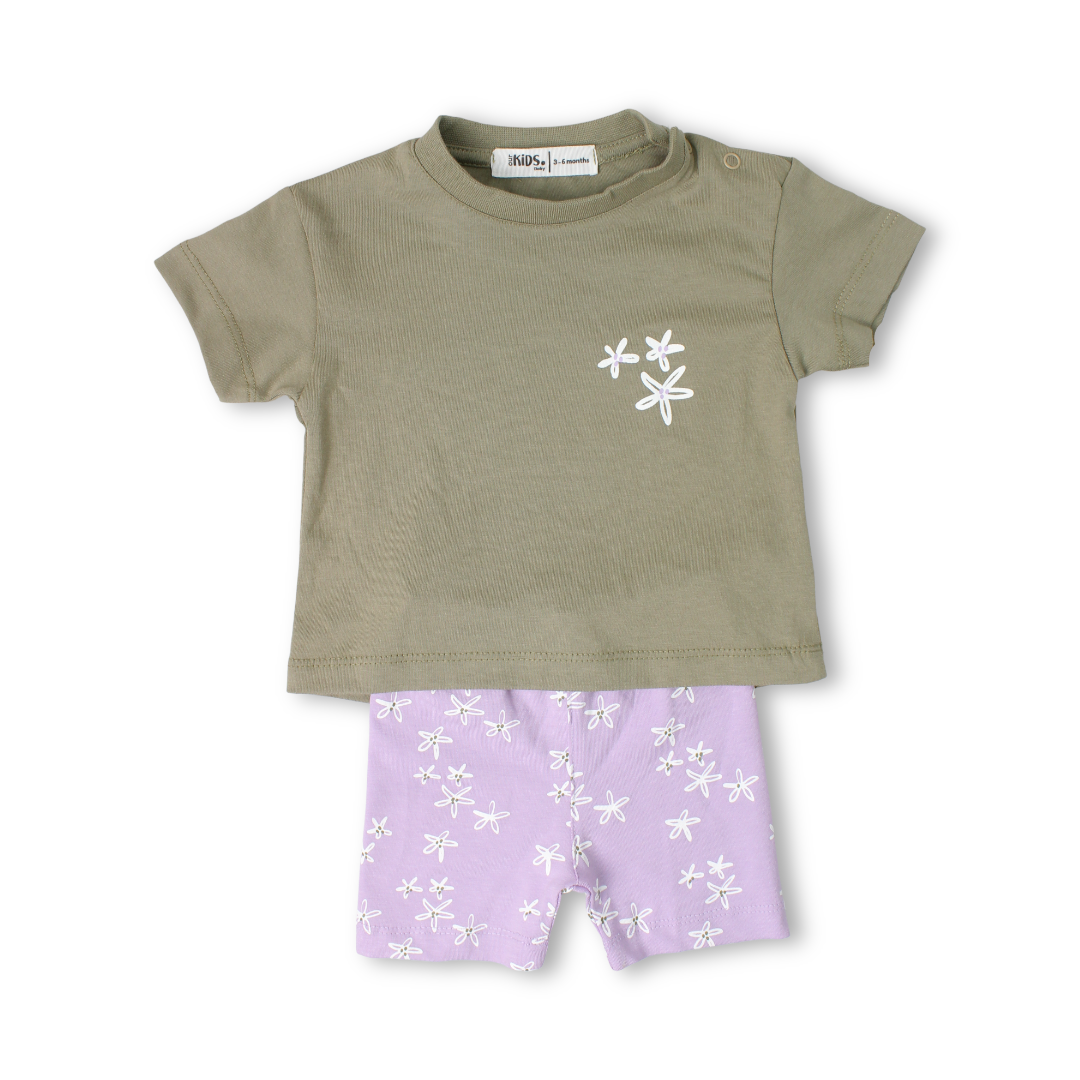 Baby Girls Cotton Pajama – Olive with Flowers Print