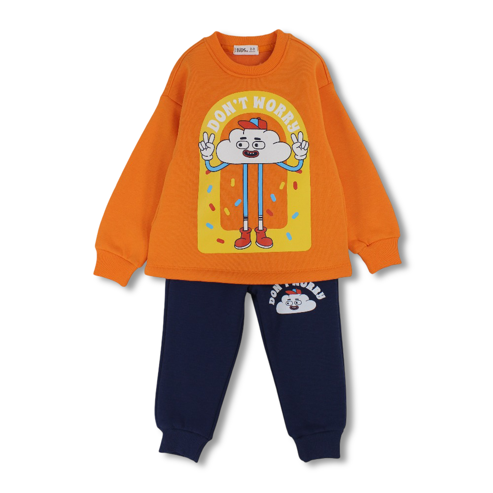 Boys Cotton Pajama Set – Orange/Navy with “Don’t Worry” Print - Clothing - Ourkids
