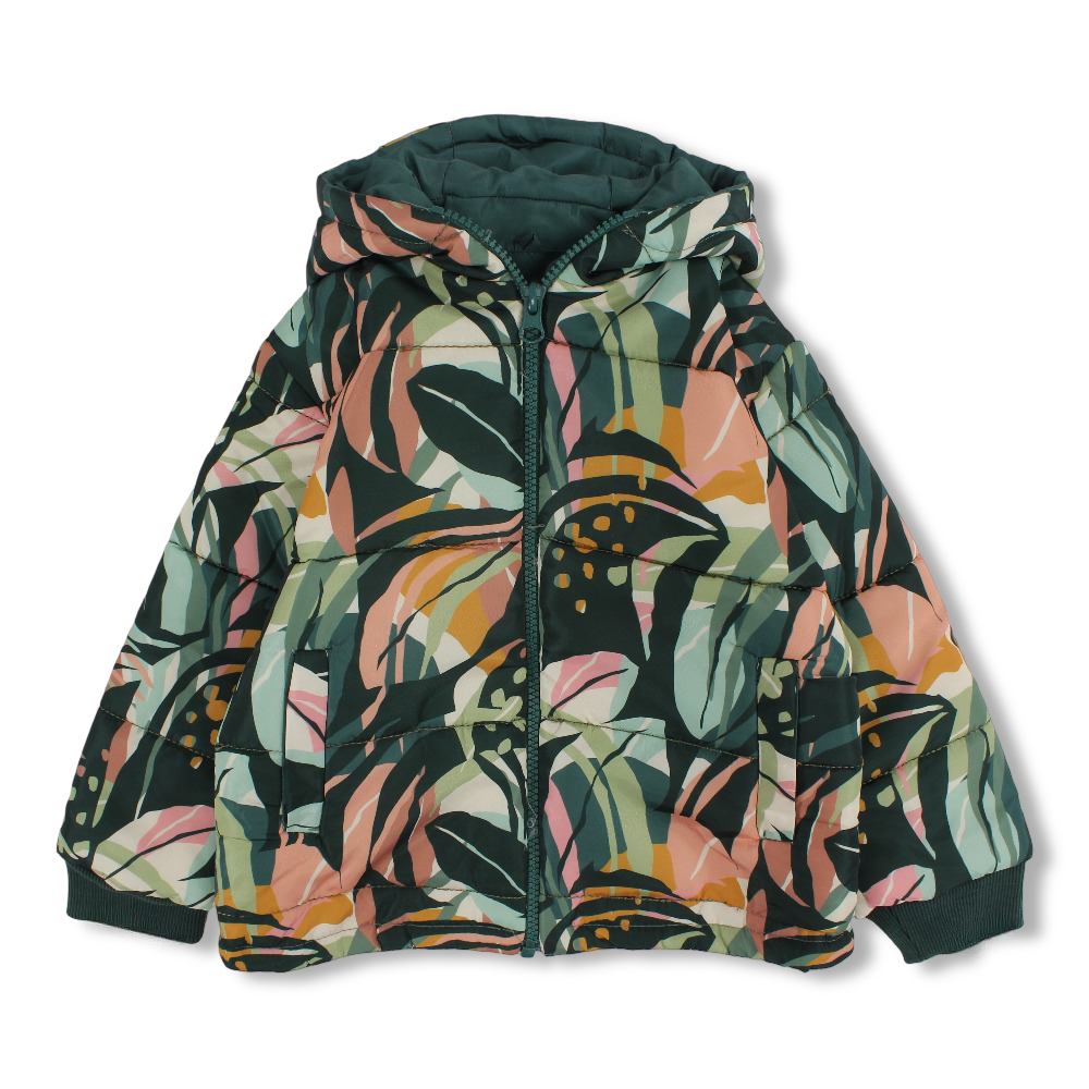 Girls Waterproof Jacket – Dark Green with Tree Leaves Print - Clothing - Ourkids