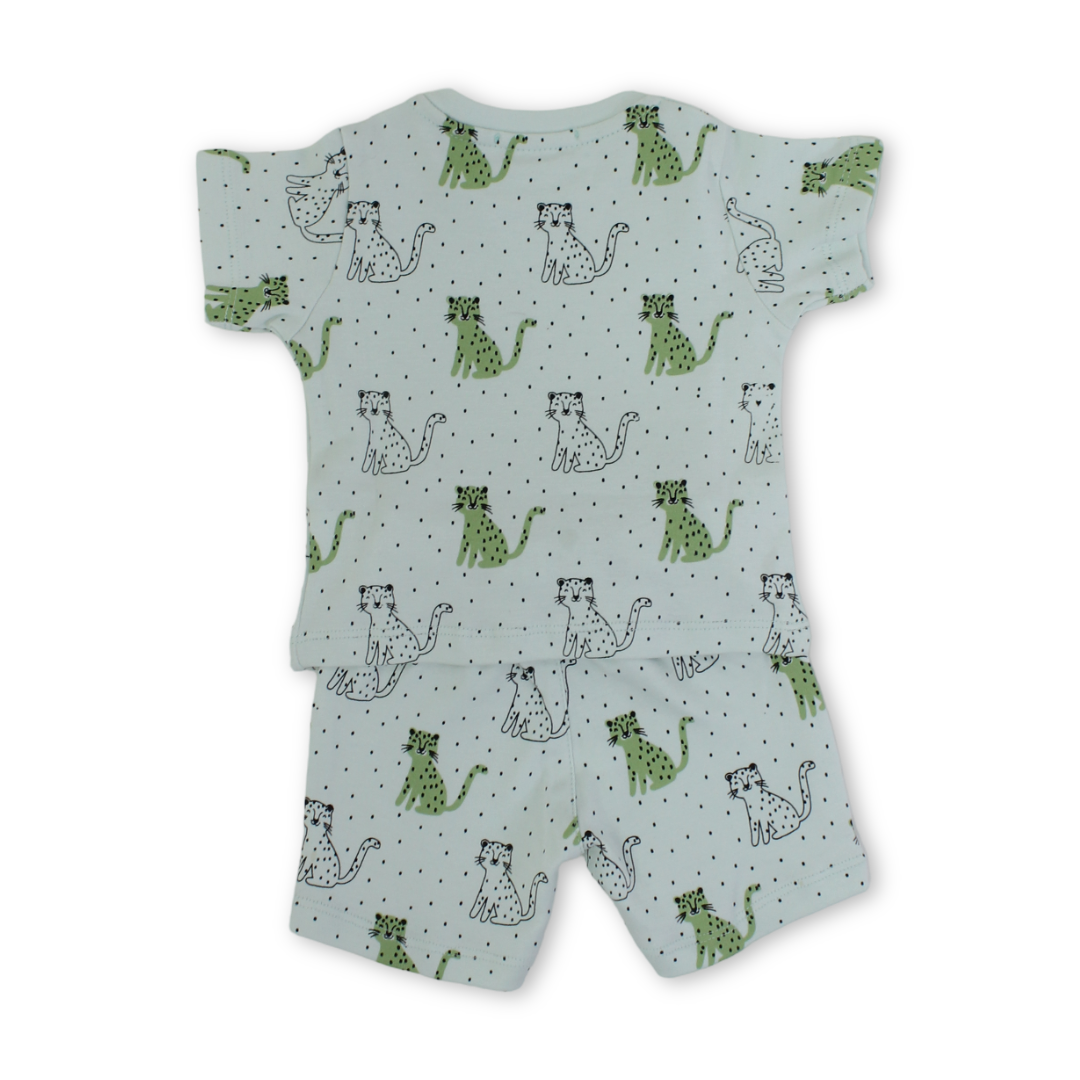 Baby Boys Cotton Pajama – Mint with Leopard Print