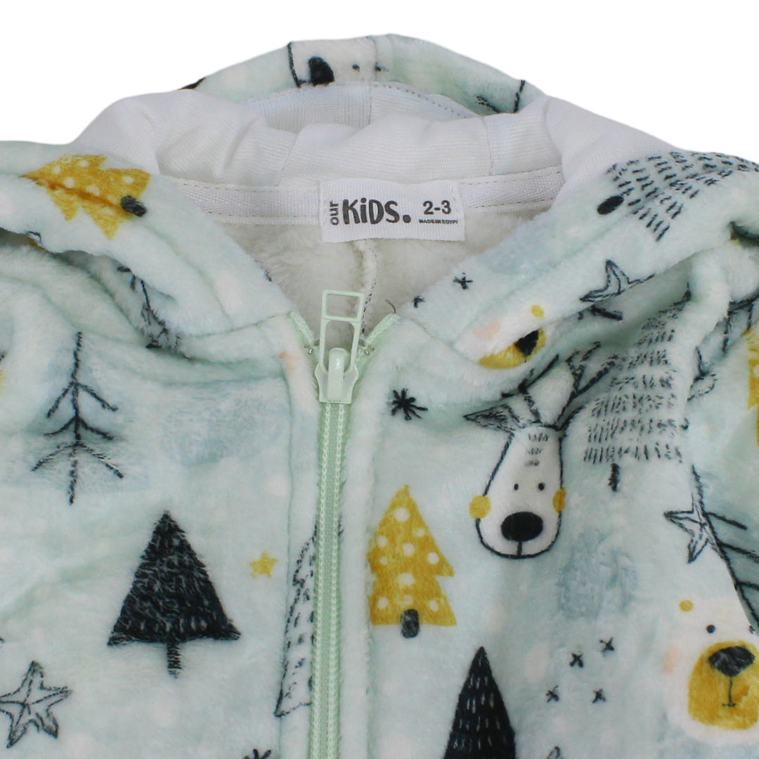 Boys Fleece Hooded Baby Footie with Fur-Lined – Aqua Christmas Print