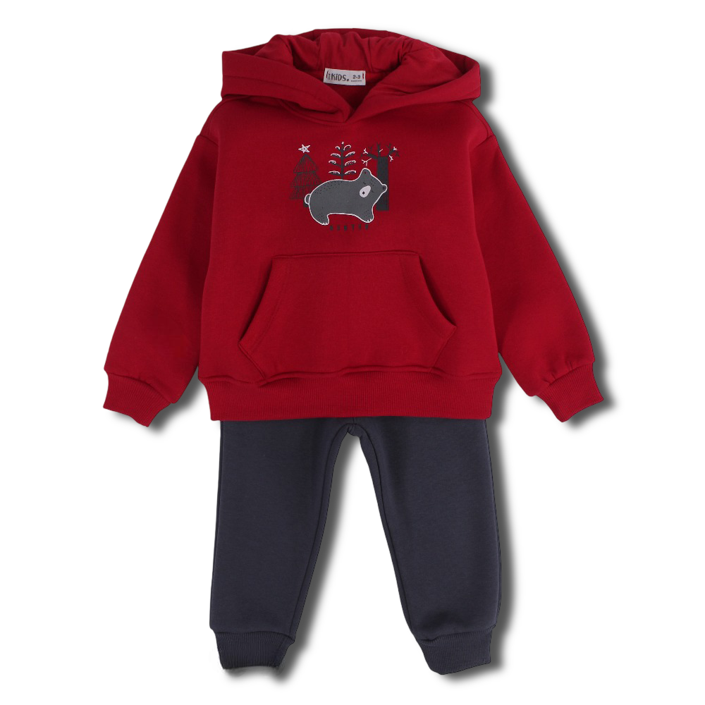 Boys Cotton Hooded Pajama Set – Red with a Cute Bear Design