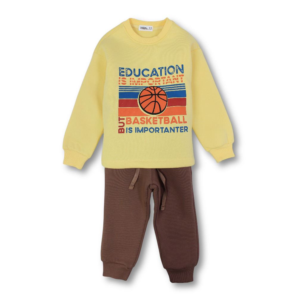 Boys Cotton Pajama Set – Yellow/Brown with "Basketball" Design