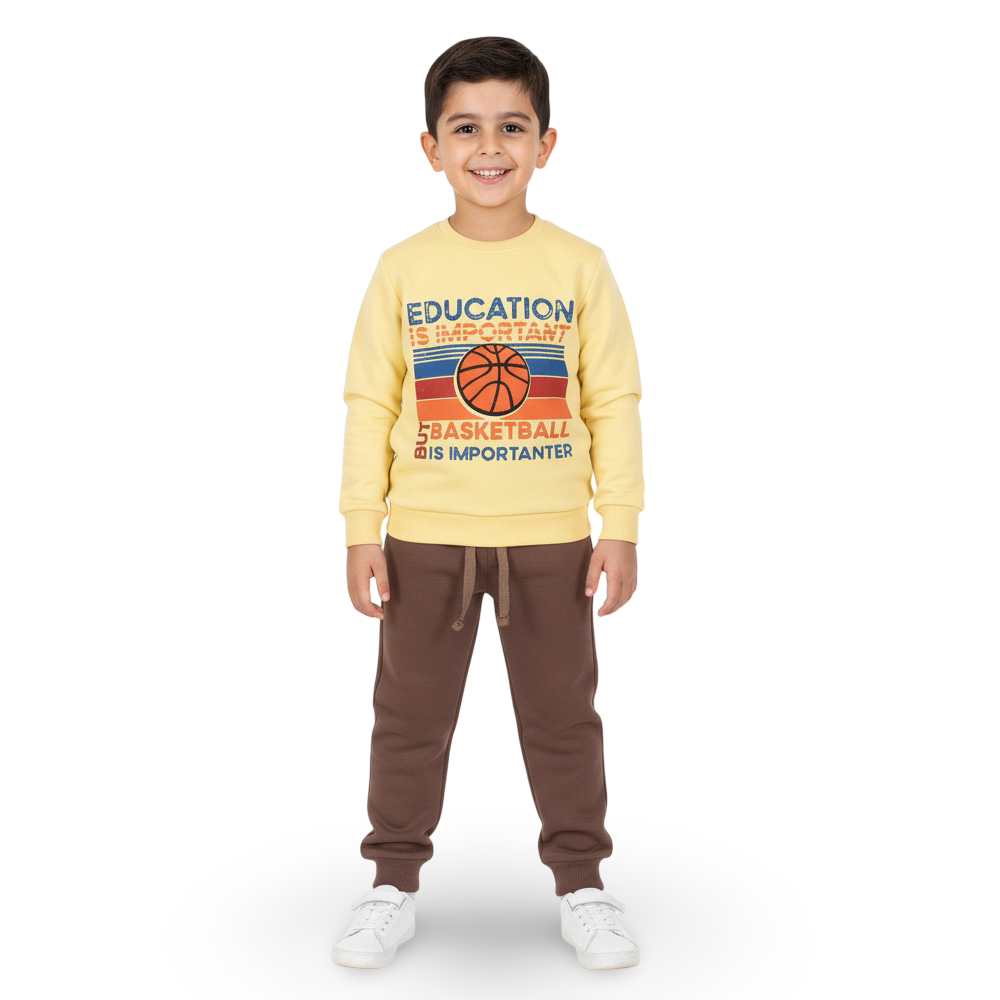 Boys Cotton Pajama Set – Yellow/Brown with "Basketball" Design