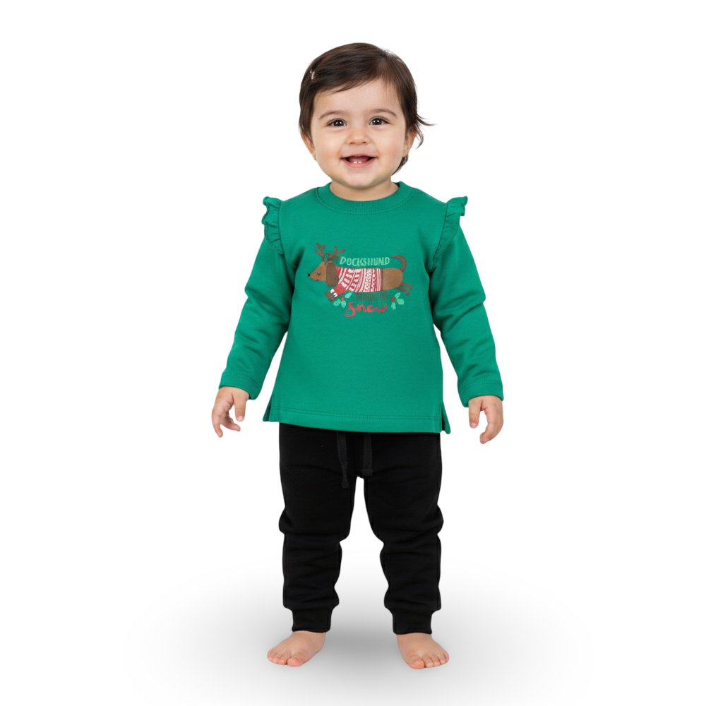 Girls Cooton Pajama Set – Green/Black with "Dachshund Through The Snow" Design