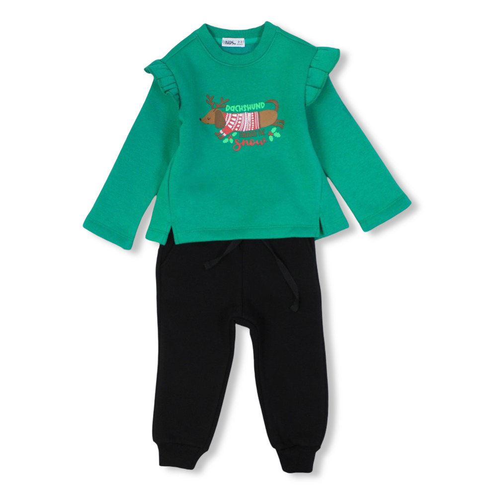 Girls Cooton Pajama Set – Green/Black with "Dachshund Through The Snow" Design