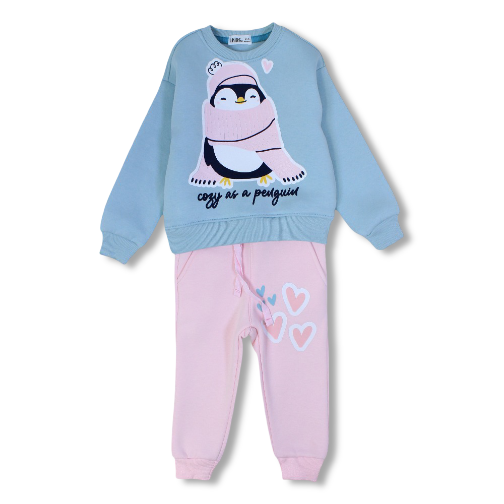 Girls Cooton Pajama Set –  Mint/Pink with "Penguin" Design